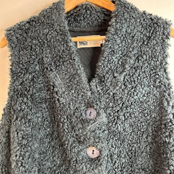 Habitat Vest Womens M/L Dark Teal Boucle Sherpa Button Front Made in USA Boho - Picture 2 of 9
